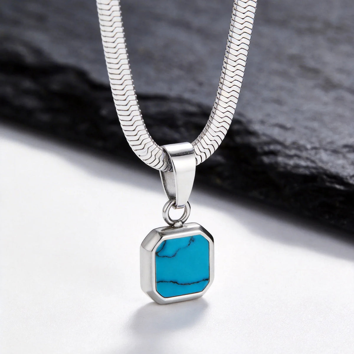 Men's Small Geometric Natural Stone Necklaces,Stylish Stainless Steel Flat Cuban Chain Collars,Hip-hop Punk Jewelry Gift