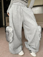 Grey sports pants women's 2025 new winter fur niche design drawstring elastic waist loose and lazy style wide leg pants