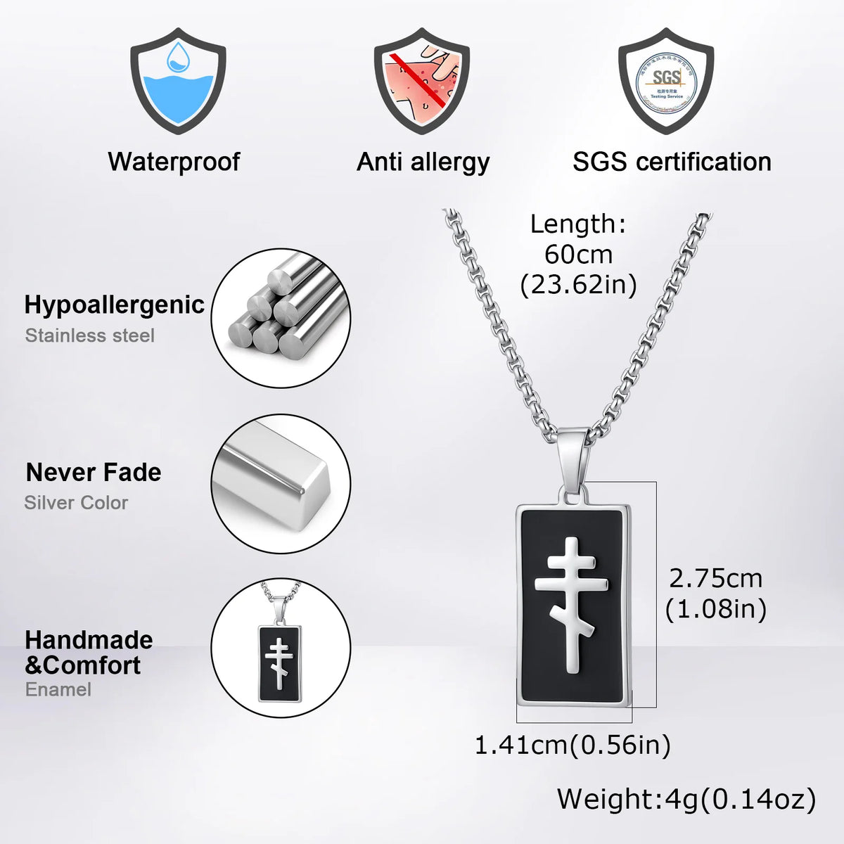 Enamel Orthodox Pendant Necklace for Men,Stainless Steel Square Pendant Necklace,Religious Jewelry Gift