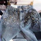 European Fashion New Heavy Industry Full Diamond Rhinestone Flash Denim Pants Women's Jeans Blue 2024 Spring Summer
