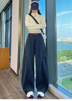 American style woolen plaid cargo pants women's autumn winter new plush casual versatile loose machete wide leg pants