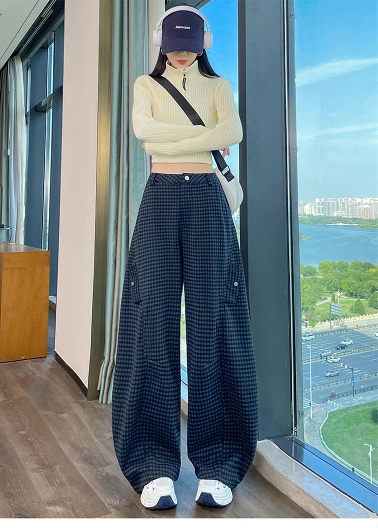 American style woolen plaid cargo pants women's autumn winter new plush casual versatile loose machete wide leg pants