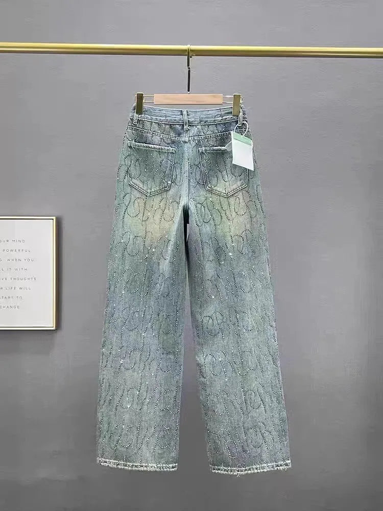 Diamond Jeans for Women Shiny High Waist Loose Wide Leg Denim Pants Blue Rhinestone Mopping Pants Streetwear Fashion Trousers