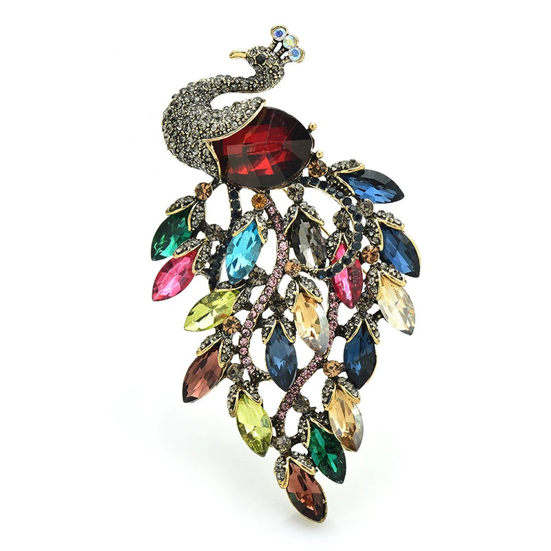 PENDRA Peacrest 3-Color Rhinestone Peacock Brooch