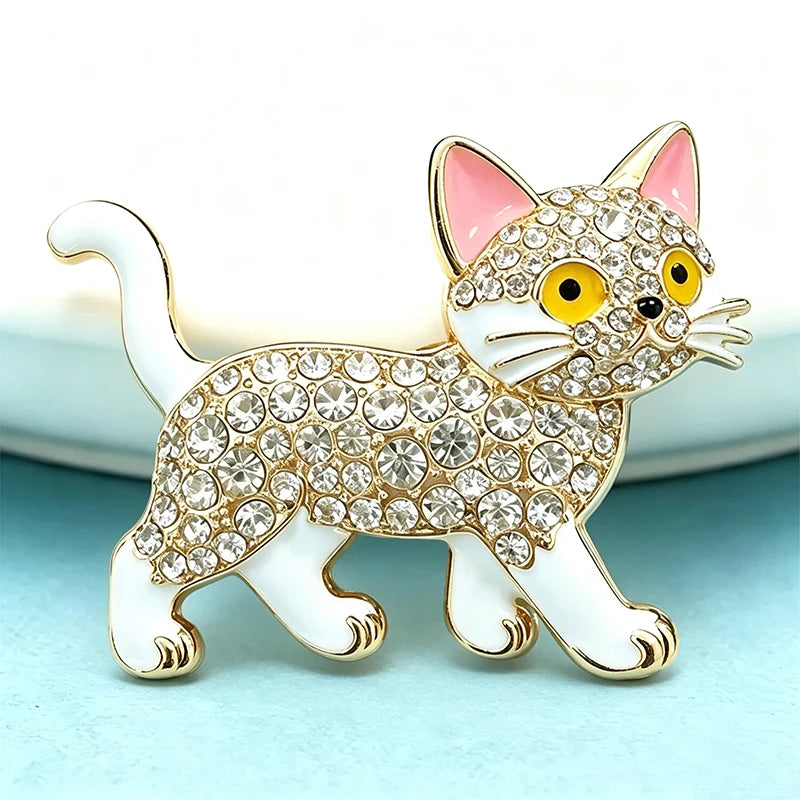 PENDRA Walking Kitty Enamel Rhinestone Cat Brooch