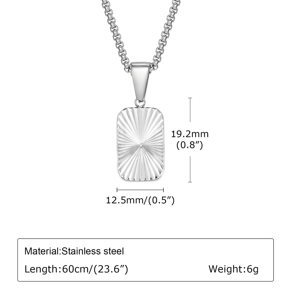 Mens Square Pendant Necklaces,Embossing Radiation Sunburst Stainless Steel Pendant Necklaces,Stylish Jewelry Gifts