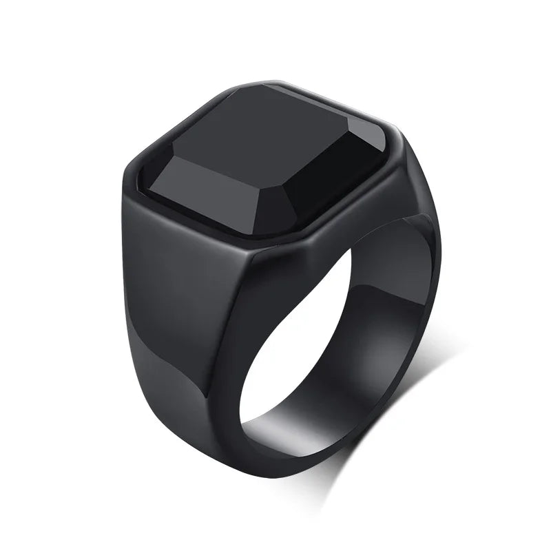 Rock Punk Geometric Square Natural Stone Signet Rings for Men, Stainless Steel Party Wear Finger Ring Gift Jewelry