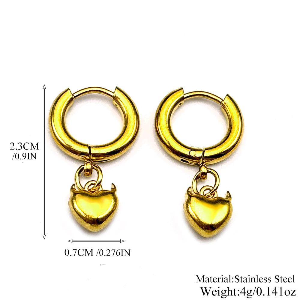 Devil Horn Heart Huggie Hoop Earrings Stainless Steel Dangle Love Charm Punk Y2K Unisex Sweet Cool Goth Ear Ring Jewelry Gifts