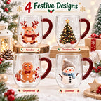 Christmas Double Wall Glass Mug Red Handle Xmas Snowman Reindeer Coffee Cup Holiday Decor Gift