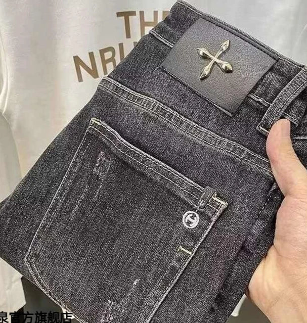 Men's Work Pants 2025 Spring Autumn Men's Casual Jeans New Slim Foot-bound Pants Explosive Street Luxury Washed Elastic Trousers