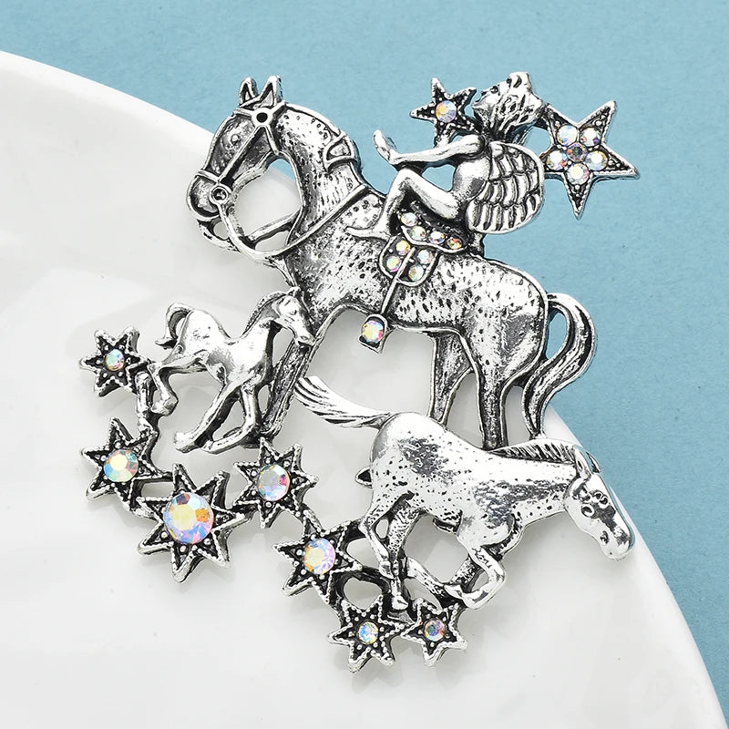 Wuli&baby Vintage Angel Ride Horses Brooches For Women Unisex Metal Lucky Year Of The Horse Animal Office Casual Brooch Pins