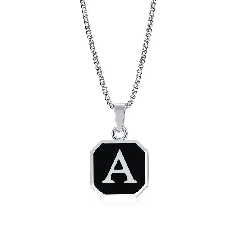 Square A-Z Initial Letters Necklaces for Men Boys,Stainless Steel Geometric Pendant with Box Rope Chain Collar,Gift Jewelry