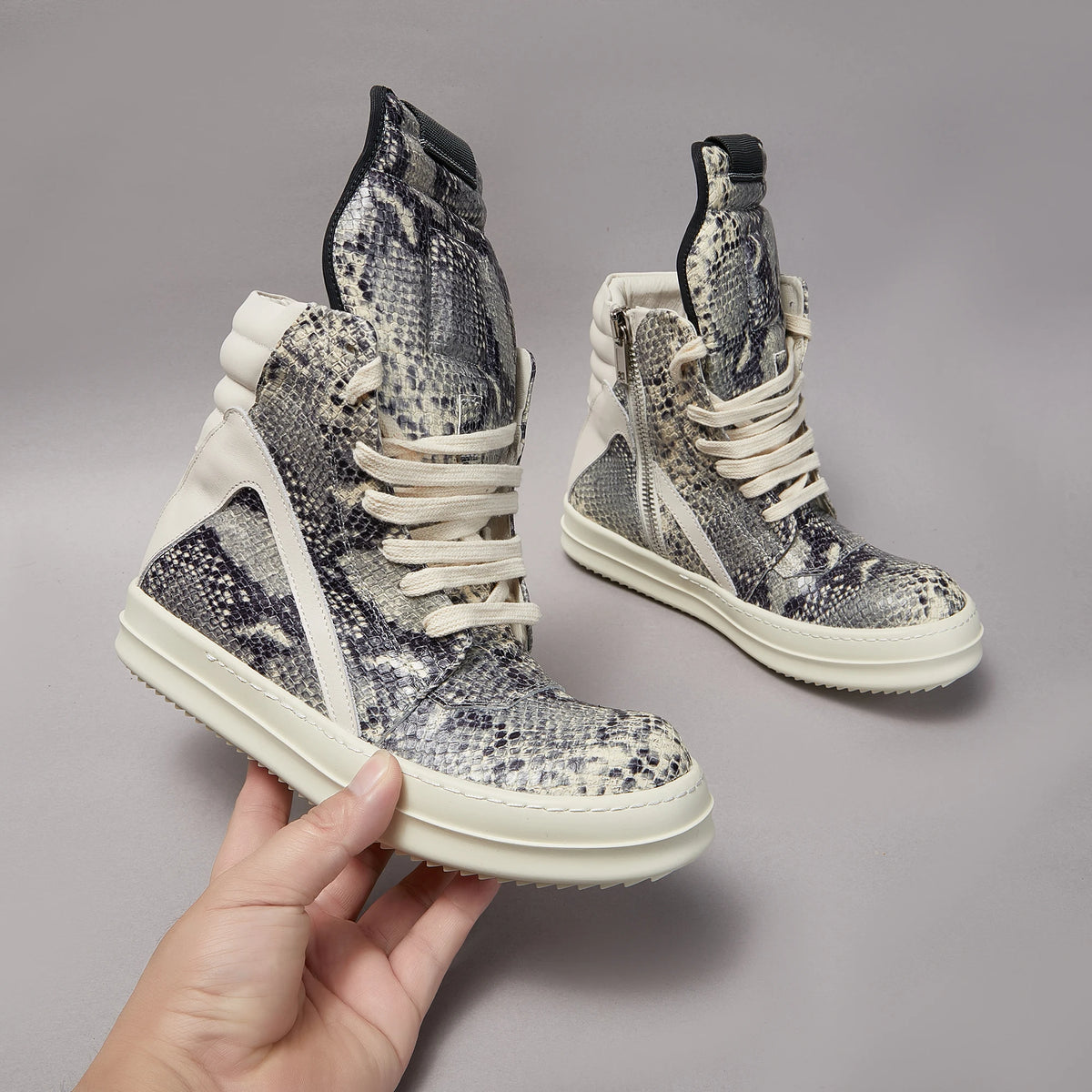 PENDRA Python Ash Grey Python-Embossed Leather High-Top Platform Ankle Boots