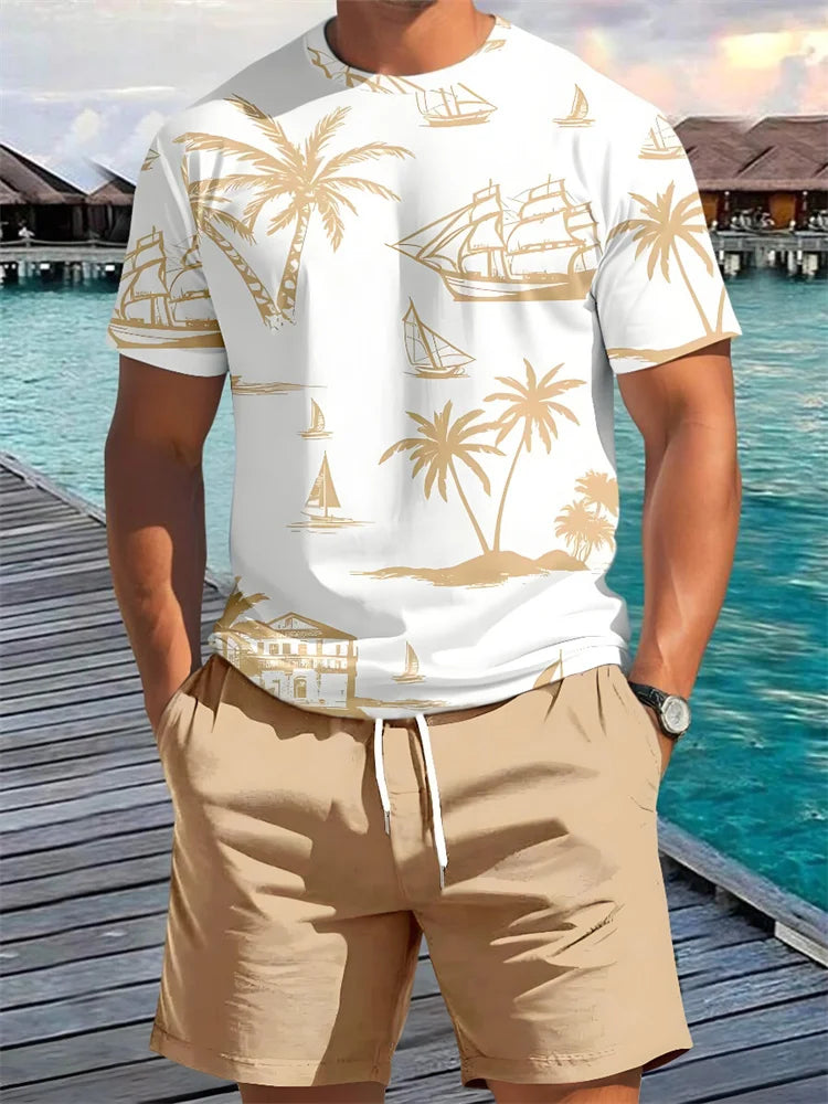 PENDRA Hawaiian Beach 2-Piece Printed T-Shirt and Shorts Set