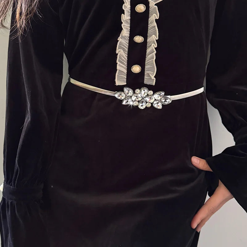 High-eng Luxury Desiner Women Rhinestone Flora Elastic Metal Chain Belt Female Golden Elegant Waist Belt For Dress Skirt Coat