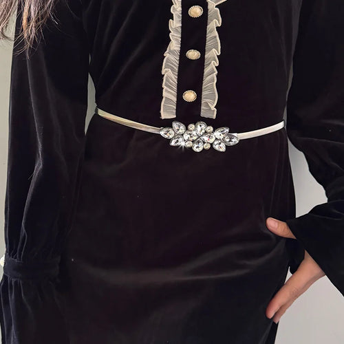 High-eng Luxury Desiner Women Rhinestone Flora Elastic Metal Chain Belt Female Golden Elegant Waist Belt For Dress Skirt Coat