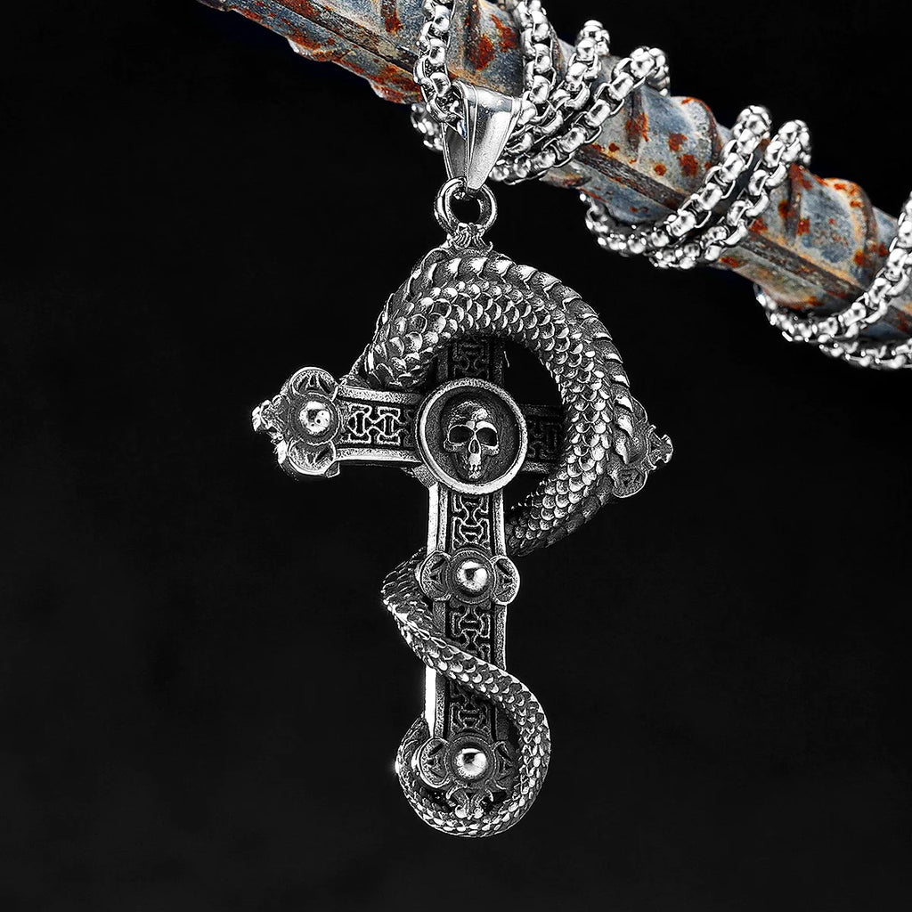 PENDRA Dragon Circling Cross Steel Necklace