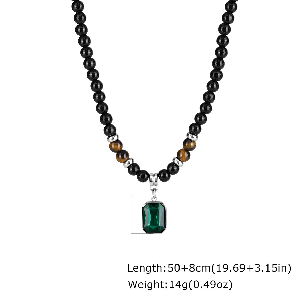 Men Beaded Pendant Necklace,Gemstone Tiger Eye Round Beads With Black Glass Square Pendant, Punk Boho Jewelry Gift for Boyfriend