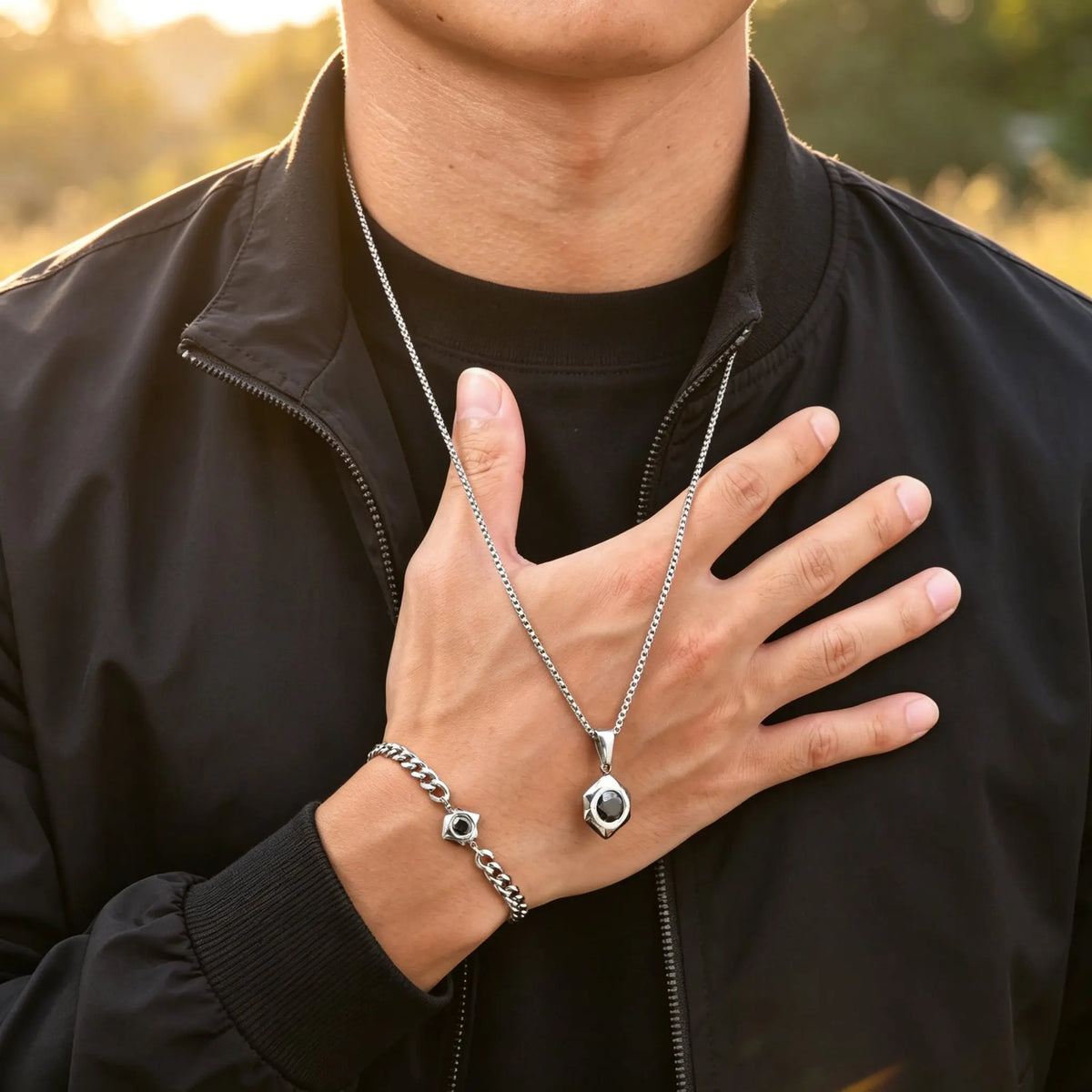 Men Stainless Steel Geometric Necklace,Black Cubic Zirconia Faceted Hexagon Pendant Necklace,Punk Hip Hop Waterproof Jewelry Gif