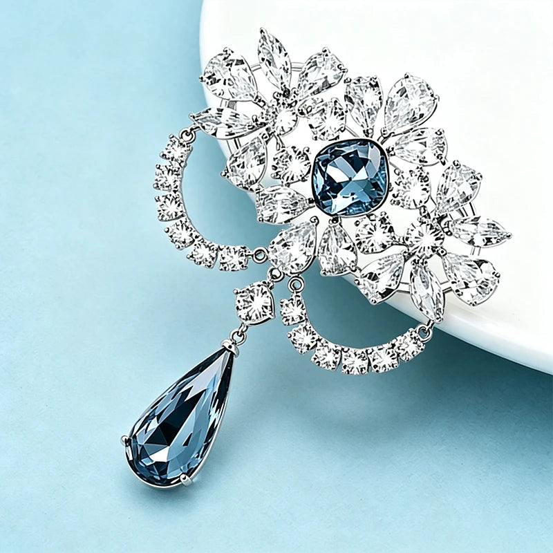 PENDRA Dropsia Rhinestone Water-Drop Flower Brooch