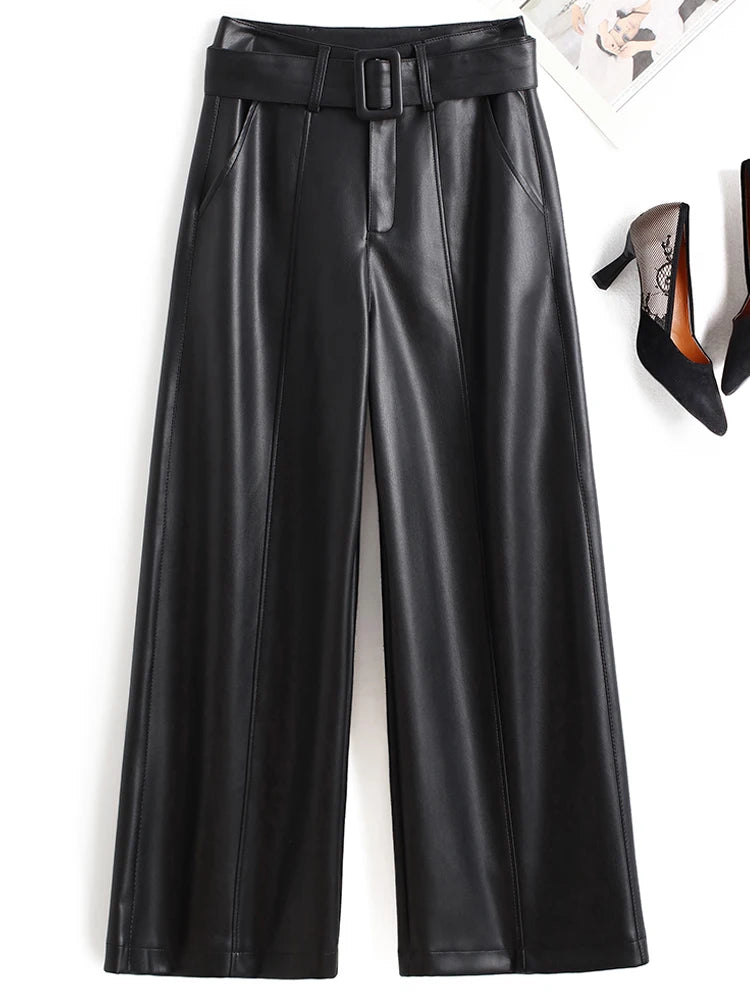 PENDRA Belted High Waist Straight PU Leather Pants