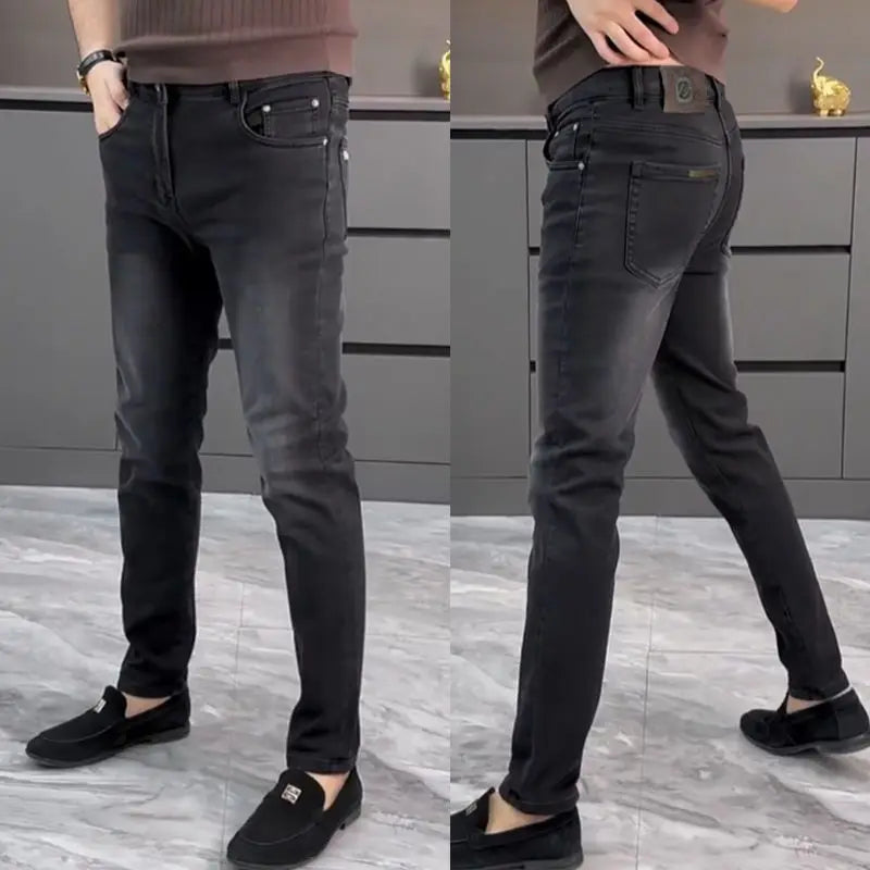 High-end Jeans Men's Spring and Summer Versatile Slim Pants  Black Trendy Brand Business Trousers Men Clothing Low Rise Jeans