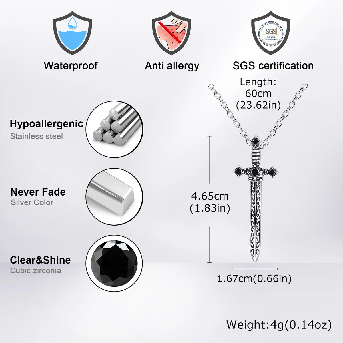 Punk Stainless Steel Sword Necklace for Men Boys,Vintage Black Zircon Sword Shape Pendant,Gift for BBF Son Dad