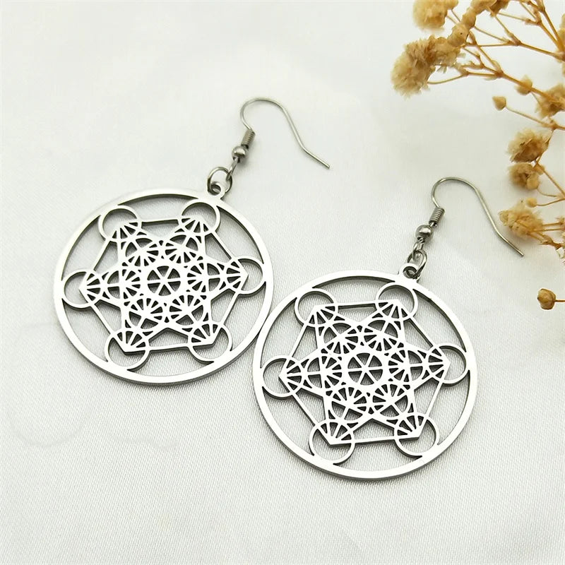 Sacred Geometry Metatron Cube Big Hoop Earrings for Women Stainless Steel Gold Color Amulet Chakra Round Hollow Earrings Jewelry