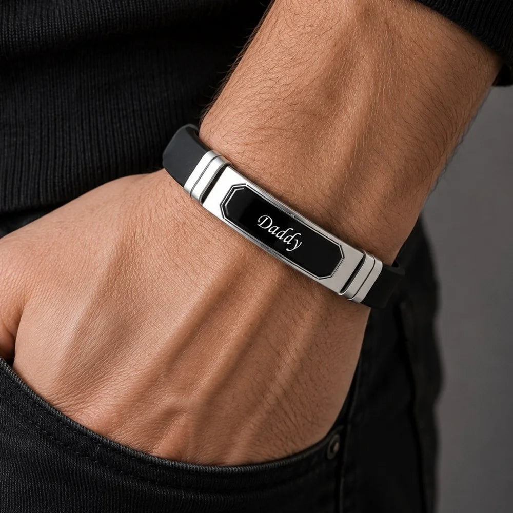 Silicone Bracelet Gift for Dad Husband Him,Waterproof Stainless Steel Bar Adjustbale Wristband,Father's Day Gift