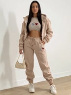 Women's New Fleece Heart-shaped Print Sports and Leisure Three-piece Suit, Long-sleeved Jacket and Half Vest and Drawstring Pants, Machine Washable