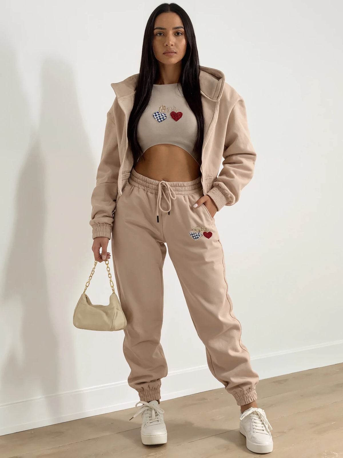 Women's New Fleece Heart-shaped Print Sports and Leisure Three-piece Suit, Long-sleeved Jacket and Half Vest and Drawstring Pants, Machine Washable