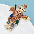 PENDRA Enamel Black Bird on Skull Scarecrow Wearing Hat And Patch Clothing Brooch