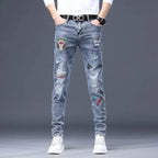 Hot Sale Men's Luxury Jeans Streetwear Denim Pants Punk Distressed Hole Tiger Embroidery Patches Stretch Skinny Ripped Trouser