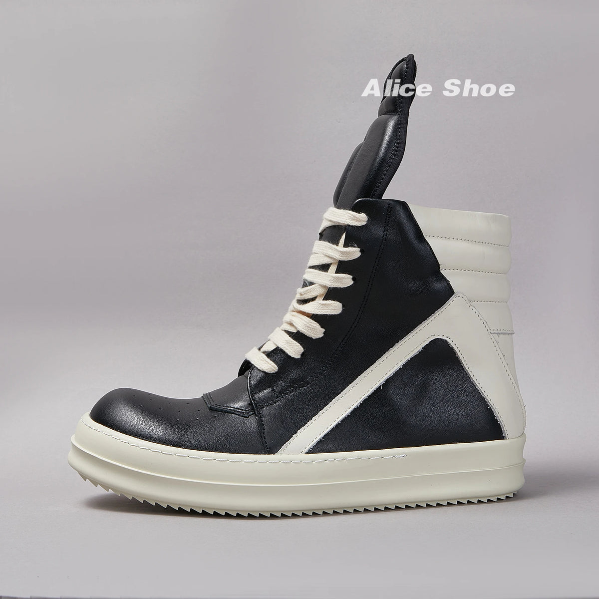 PENDRA Geobasket Shadow Black Leather High-Top Zip Thick-Sole Ankle Boots