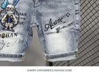 New Kpop Summer Casual Knee Length Men's Jeans Shorts Fashion Embroidered Rabbit Printed Hot Drilled Slim Thin Short Trousers