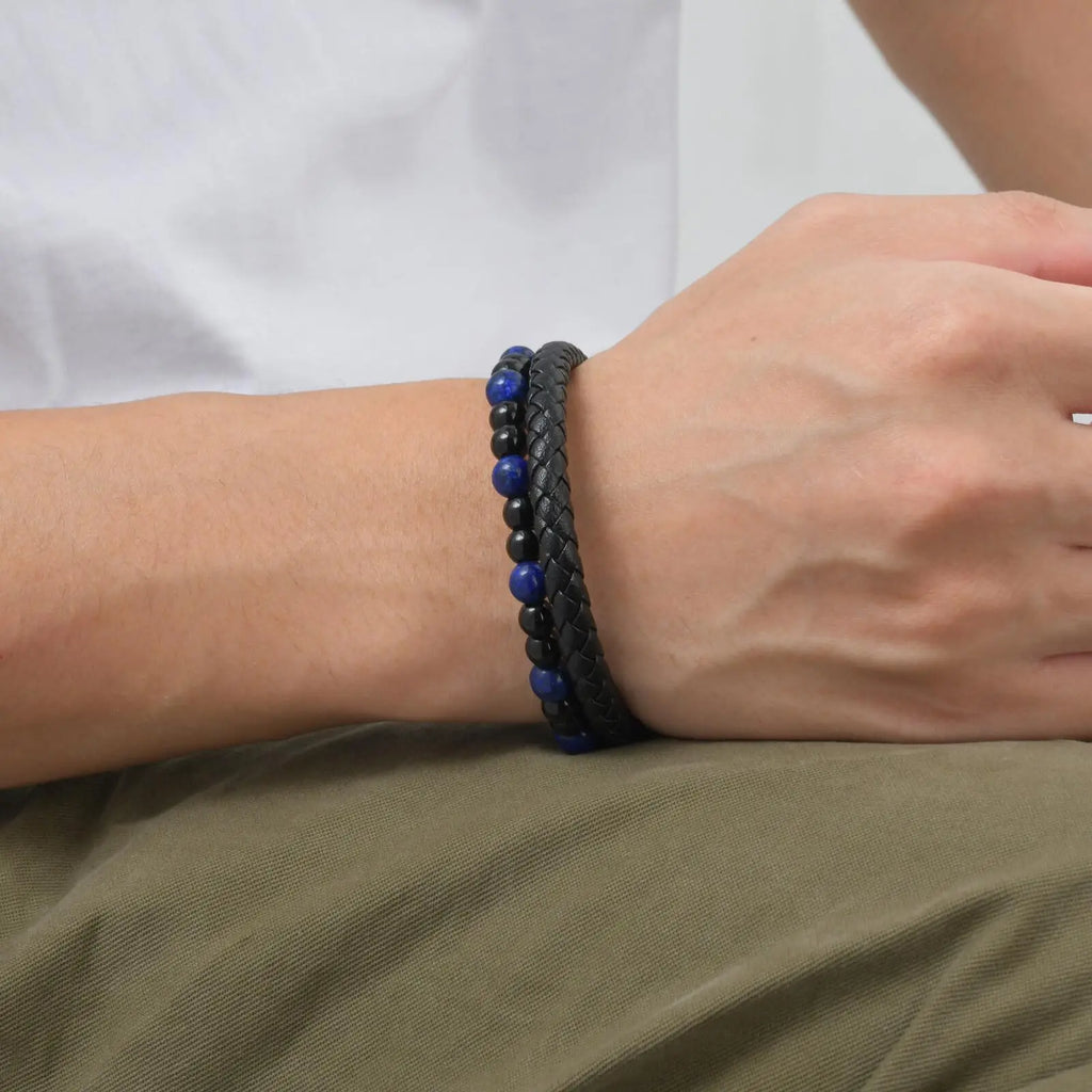 Stylish Leather Bracelet for Men Boys,Double Layers Natural Stone Tiger Eye Black Beaded Bracelet,Gift to Father Husband BBF