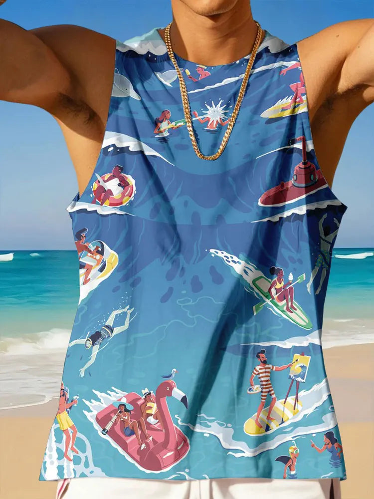 Summer Casual Everyday Sleeveless Top For Men Men's Crew Neck Tank Top With Hawaiian Print Men's Outdoor Beach Fashion Tank Top