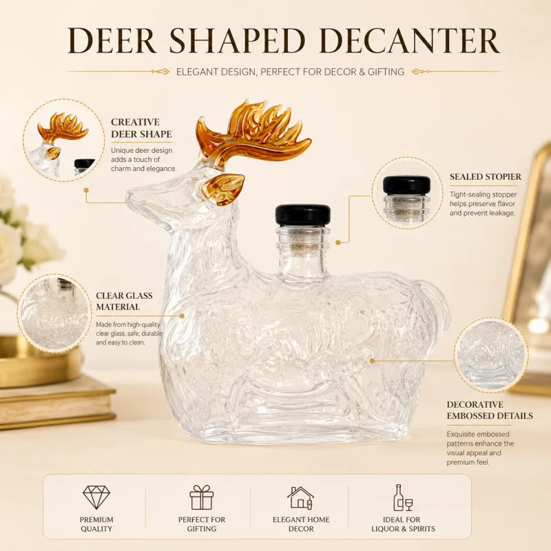 Creative Reindeer Shaped Liquor Decanter Clear Glass Alcohol Bottle with Black Stopper for Bar Cabinet Display