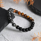Black Stone Bead Bracelet for Men Boys,Obsidian Tiger Eye Metal Beaded Elastic Wristband,Casual Jewelry Gifts