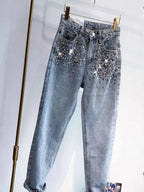 European Fashion New Heavy Industry Full Diamond Rhinestone Flash Denim Pants Women's Jeans Blue 2024 Spring Summer