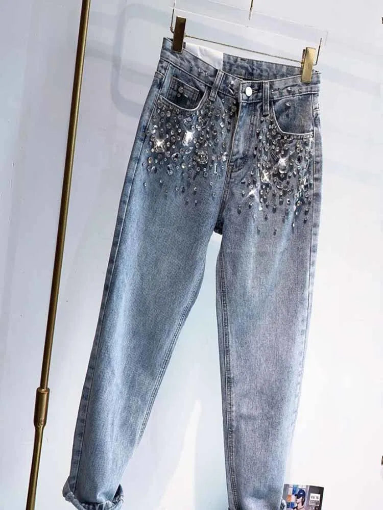 European Fashion New Heavy Industry Full Diamond Rhinestone Flash Denim Pants Women's Jeans Blue 2024 Spring Summer