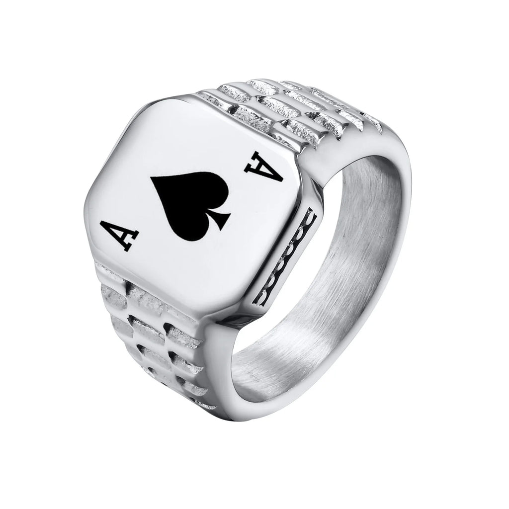 Mprainbow Mens Poker Spade Ace Rings Lucky Gift Jewelry, Waterproof Stainless Steel Simple Square Shaped Signet Statement Ring
