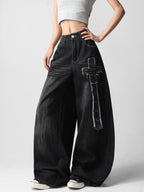 American-Style High Street Patchwork Studded Design Black Loose Jeans Women Y2K Trendy Streetwear Fashionable Casual Versatile Wide-Leg Pants