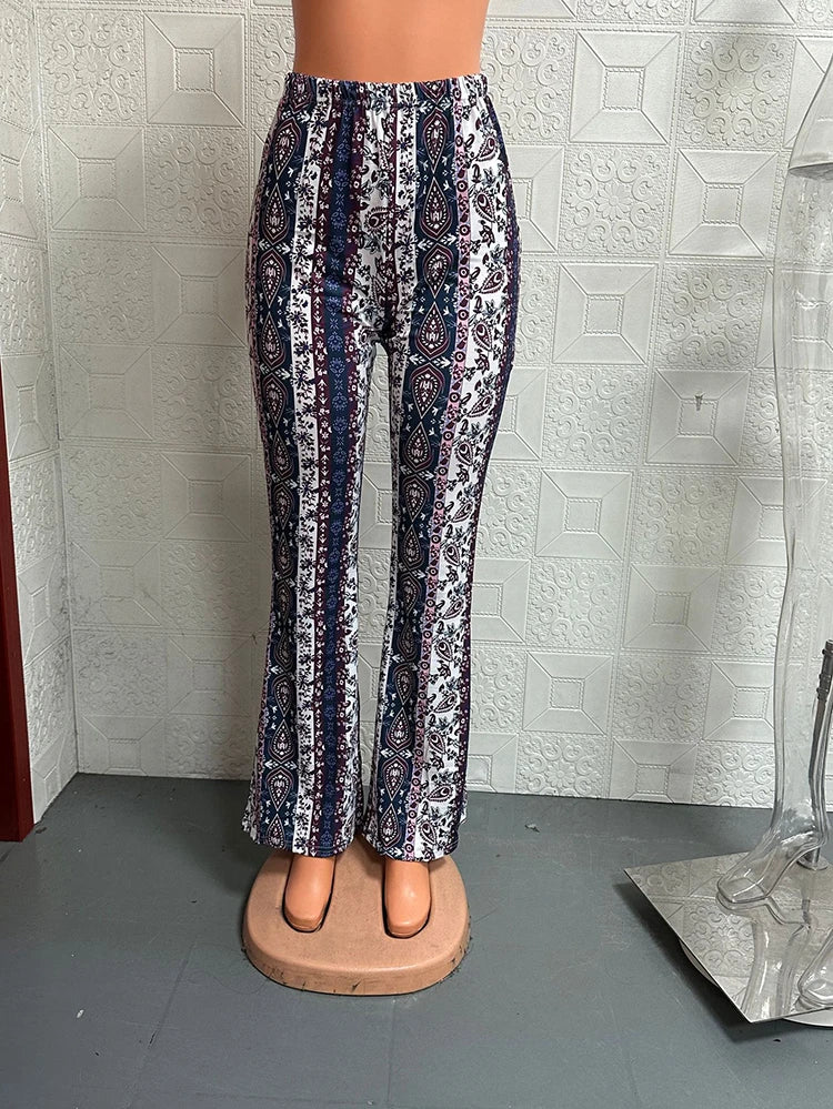Vintage Boho Spring Floral Print Casual Pants Fashion new high elasticity tight fitting micro flared Yoga Joggers pants