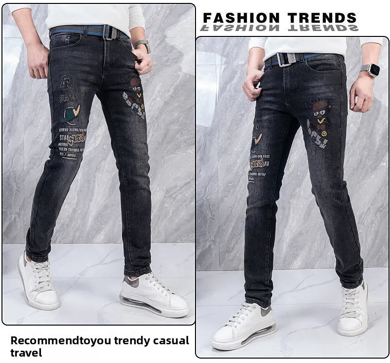 Original Brand Men's Clothing Autumn and Winter New Trend Letter Embroidered Jeans Men's Slim Fashion Korean Elastic Trousers