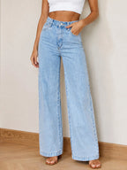 New Women's Mid-rise Washed Blue Classic Straight-leg Jeans, Slim Fit, Casual and Versatile, Machine Washable, Suitable for All Seasons