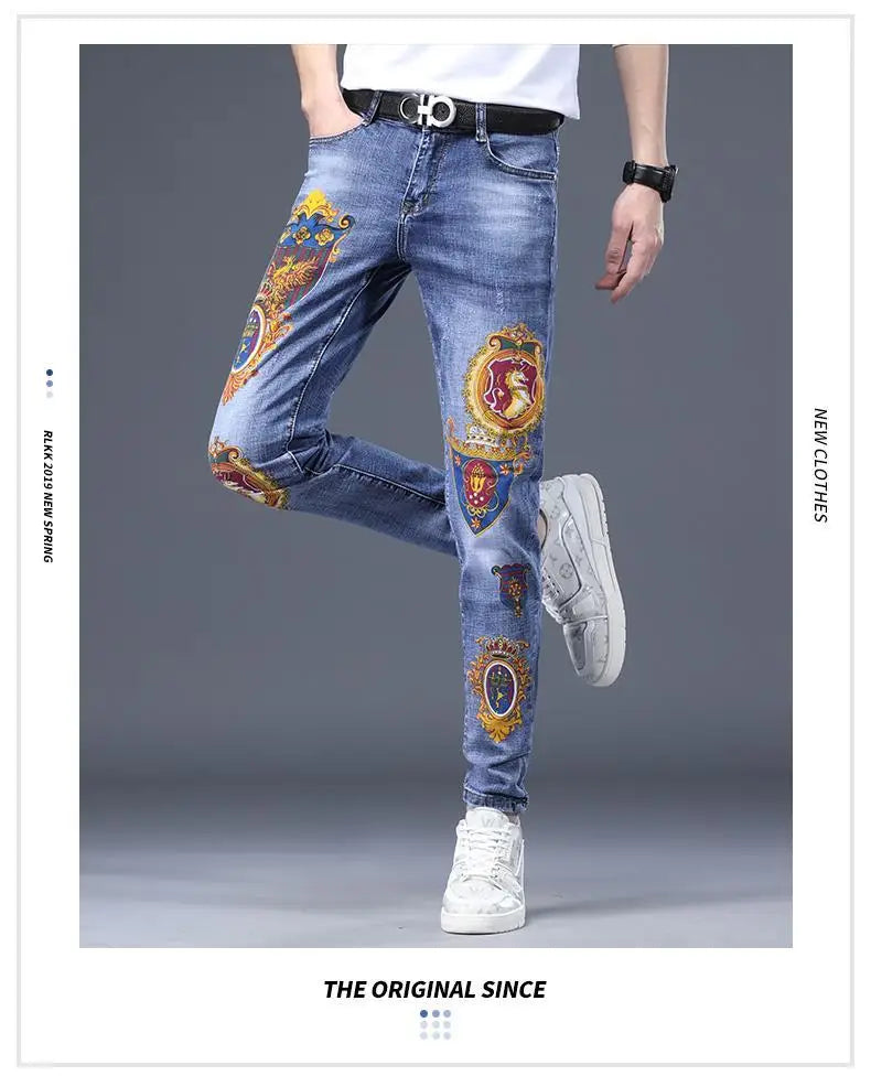 Spring Autumn Harajuku Fashion Art Craft Graphical Paintings 2000s Streetwear Male Slim Boyfriend Stylish Pants Denim Jeans Men