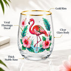 Flamingo Cocktail Glass Tropical Hibiscus Decal Stemless Beer Cup Gold Rim Bar Drinkware Party Gift