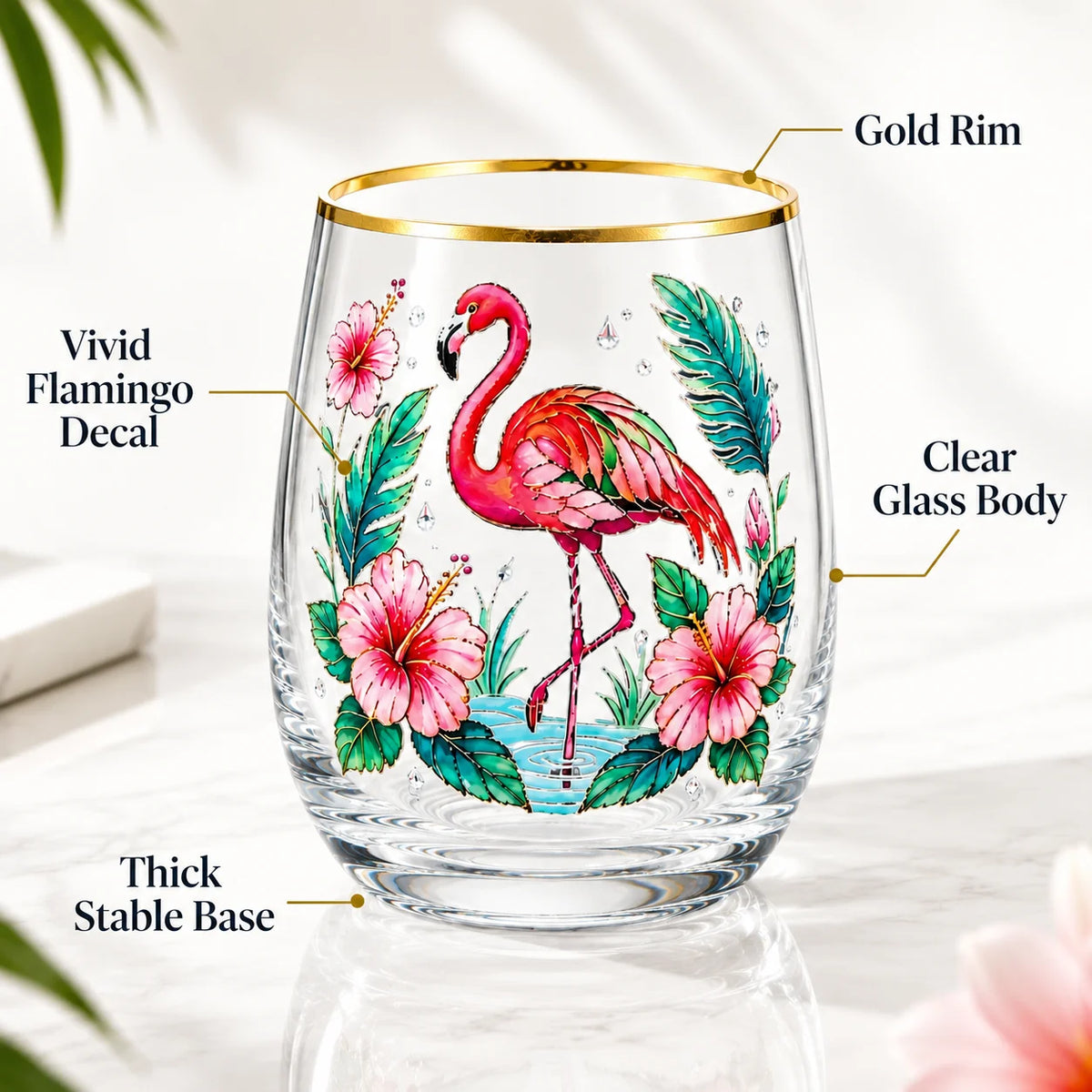 Flamingo Cocktail Glass Tropical Hibiscus Decal Stemless Beer Cup Gold Rim Bar Drinkware Party Gift