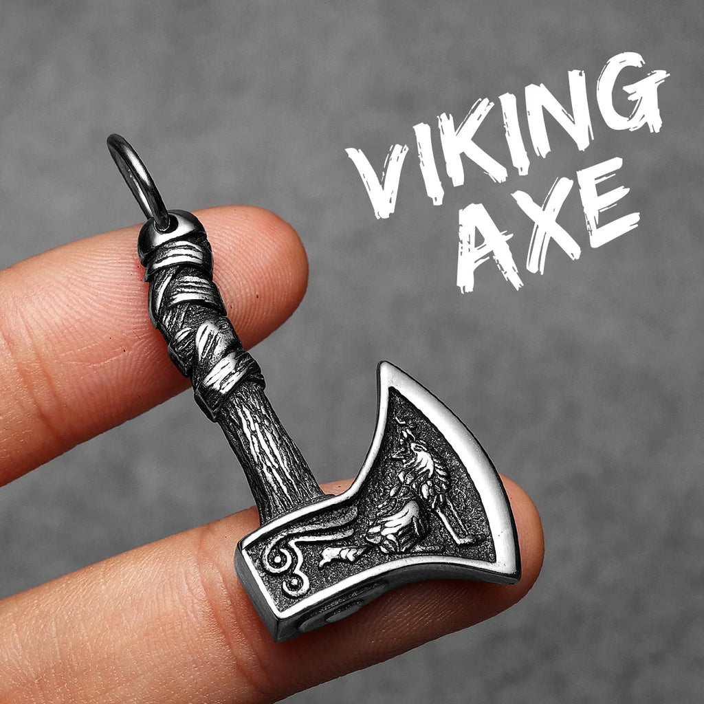 Viking Mythology Wolf Aex Men Necklaces Stainless Steel Pendant Chain Women Punk Fashion Jewelry New Accessories Gifts Wholesale